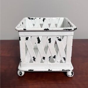 White and Black Distressed Metal Lattice Planter